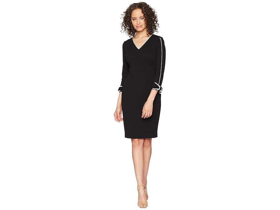 

Calvin Klein Long Sleeve with Tie Cuff and Piping Detail Sheath Dress CD8C14LN (Black/White) Women's Dress