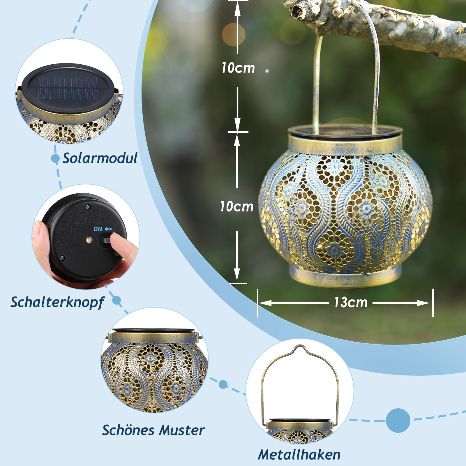 JOYCREATOR Solarlaternen für Außen Wasserdicht IP65, 2 Stück LED Metall Solar Laternen für Draußen Warmweiß, Orientalische Solarlampen für Außen Garten für Balkon Baum Rasen Tisch (Blaue Kupfer)