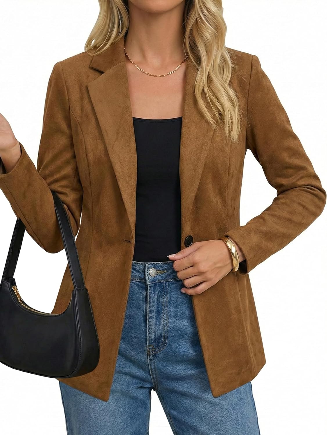 Mina Self 2026 Spring Women Suede Blazer - Long Lapel Collar One Button Business Casual Jacket Suit for Work Professional