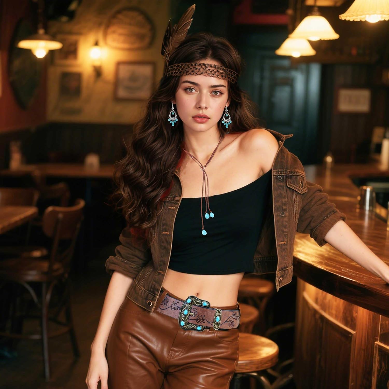 Bohemian Western Turquoise Women Pendant Long Choker Layered Earrings Belts for Women Bohemian Turquoise Set - Image 7