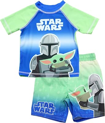Dreamwave Star Wars Boys 2 Piece Rash Guard Swim Trunks Set, Green/Blue, 2T