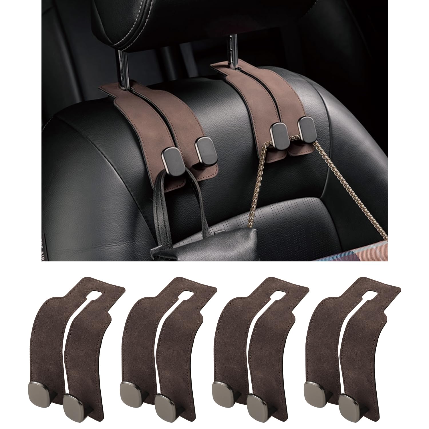 KINIVA Car Seat Headrest Storage Hooks, Set of 2, Suede PU Leather, Double Hooks (Brown-4 Pack)