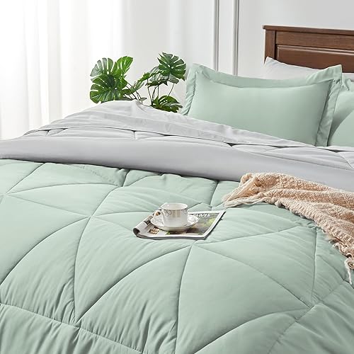 Miniatura 5 de BEDELITE Juego de edredón tamaño California King de 7 piezas en una bolsa, juego de cama reversible de microfibra suave verde salvia con edredones,