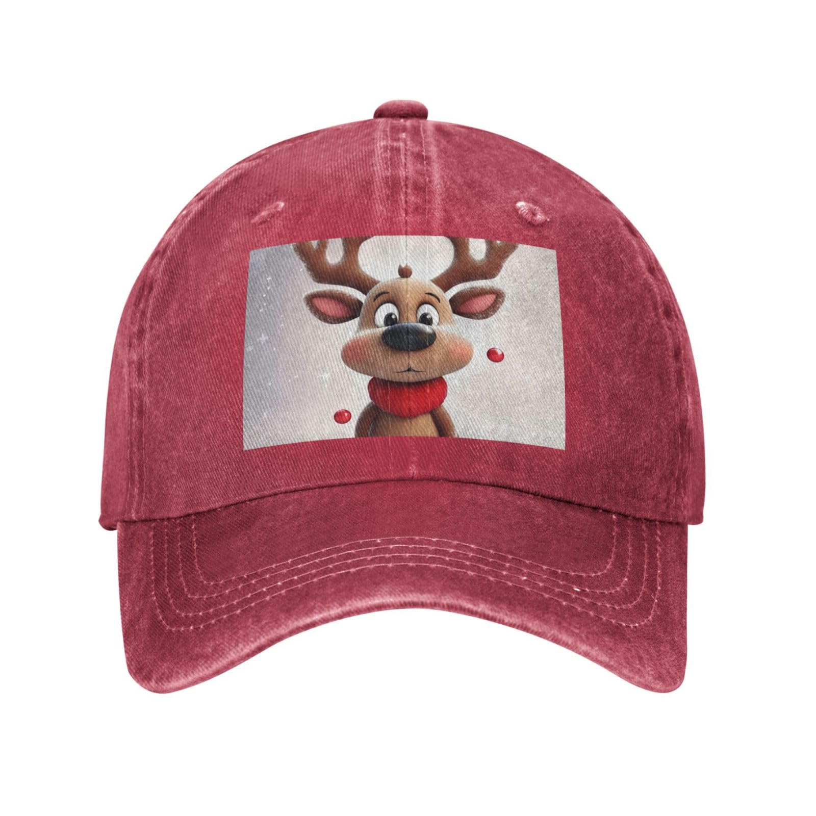 Snapback Trucker Hats for Men Women,Cute Xmas Reindeer Cowboy Baseball Caps Adjustable Dad Hat Ball Caps, Red, One size