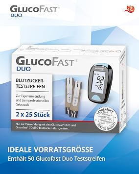 شرائط اختبار سكر الدم Duo - 50 قطعة لإعادة تعبئة تطبيق Glucofast Duo Meter الدقيق والصحي للتحكم في مرض السكري بالملجم/ديسيلتر أو مليمول/لتر