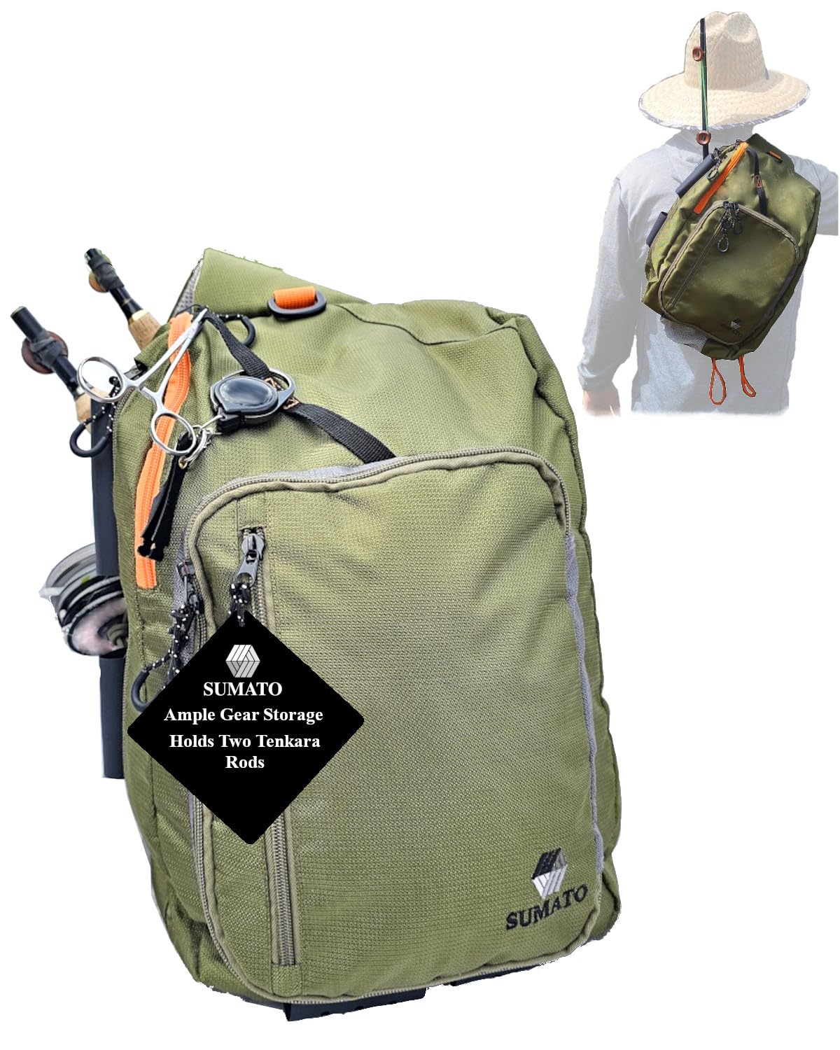 SUMATO Fly Fishing Tenkara Sling Pack with Dual Rod Quiver - 5 Pocket Storage - Lightweight & Comfortable - Unisex - Multi-Use Outdoor Adjustable Backpack