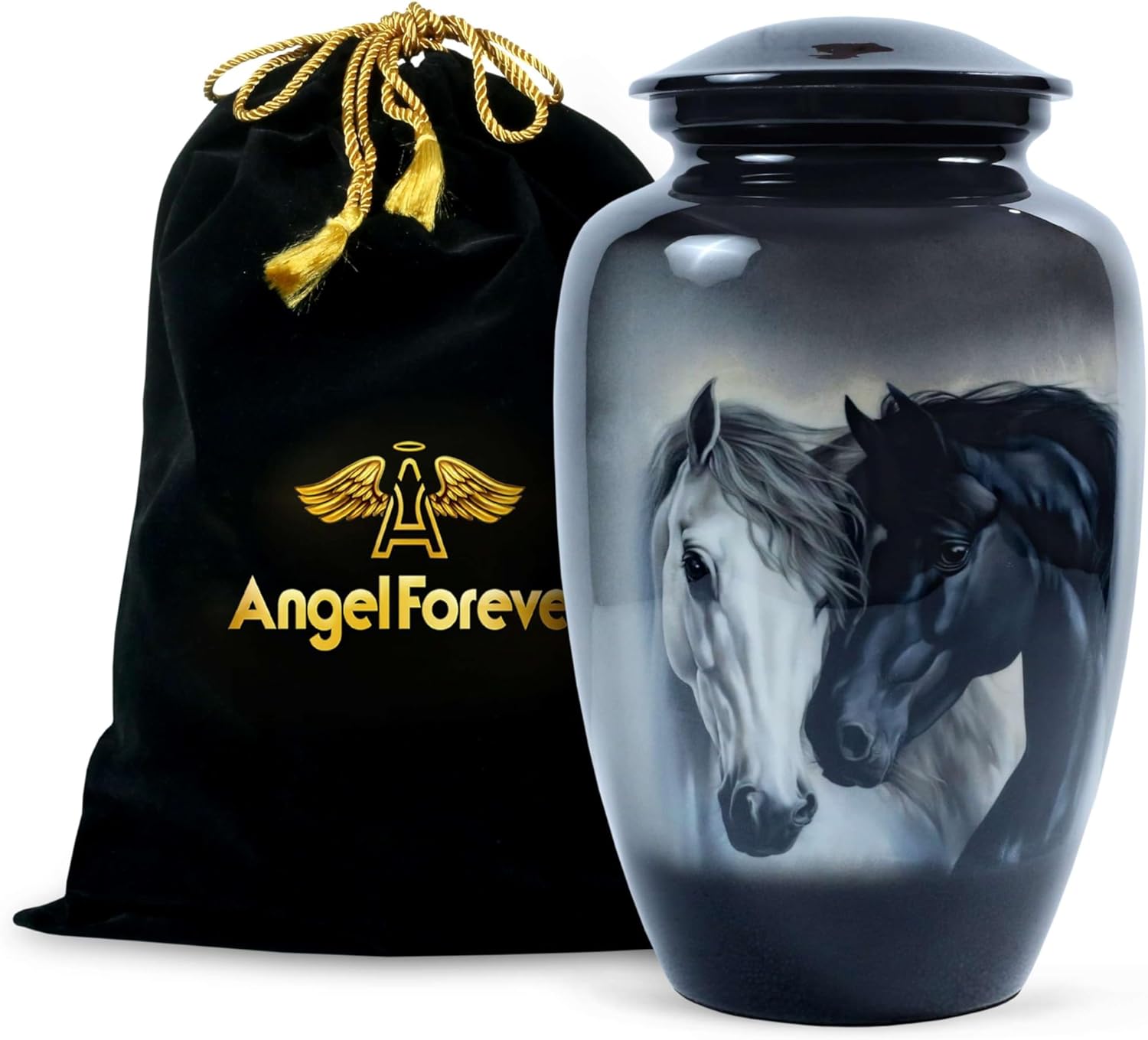 Horse Design Cremation Urn for Human Ashes Adult Male & Female – Large 200 Cu in Enamel-Coated Aluminum Funeral Urn with Velvet Bag – Decorative Metal Memorial Burial Urn for Men & Women Black Finish