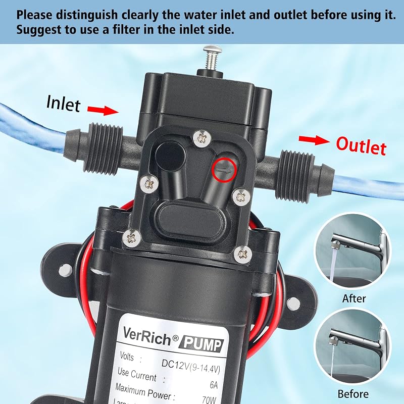 VerRich 12V Membránpumpa 70W Önszivattyúzó Vízpumpa 6L/min