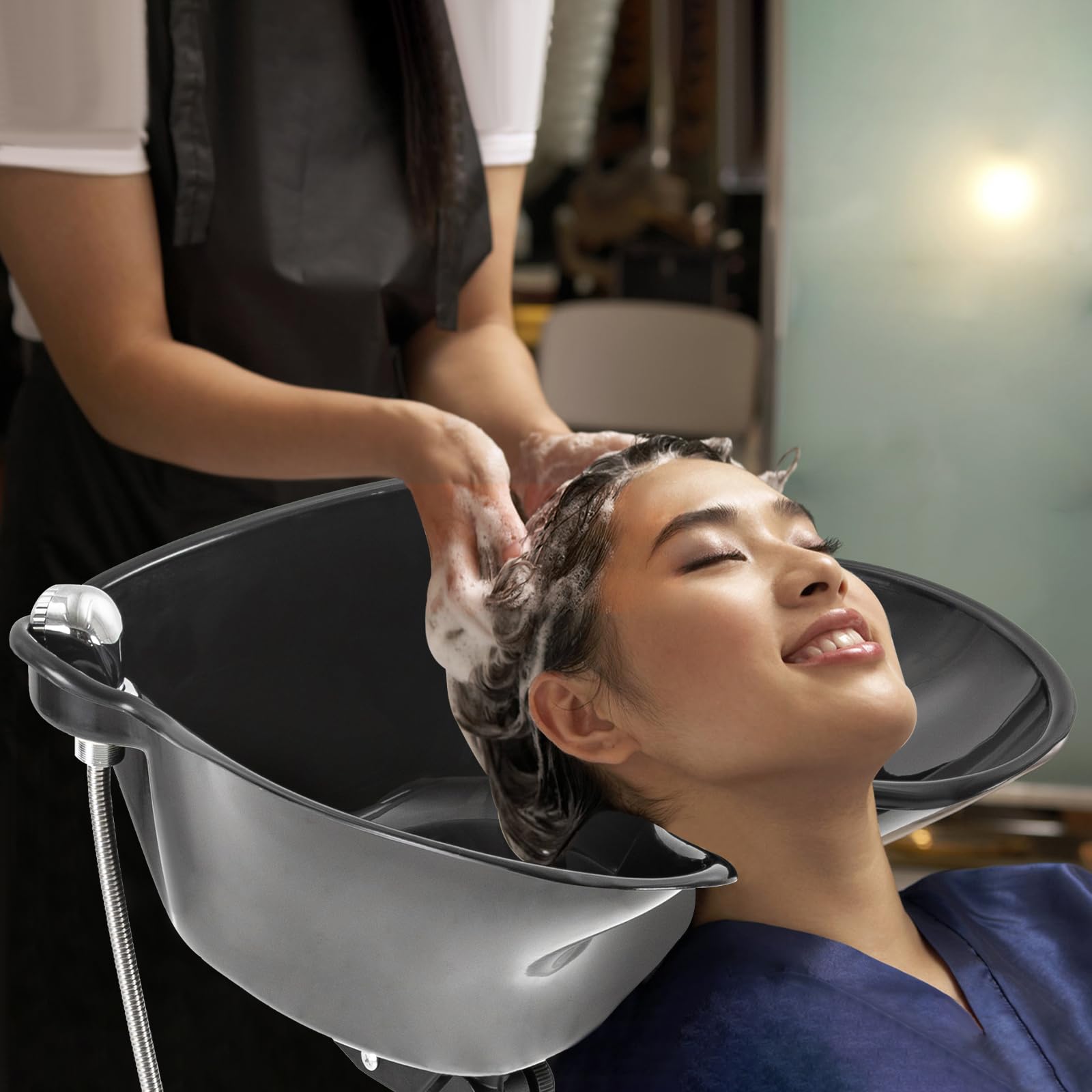 Lavabo de champú portátil, lavabo de altura ajustable, estación de lavado de pelo móvil, cubo doble de 10 l, bomba eléctrica, lavabo de 48 cm, para peluquería, cama de enfermería, embarazada, color
