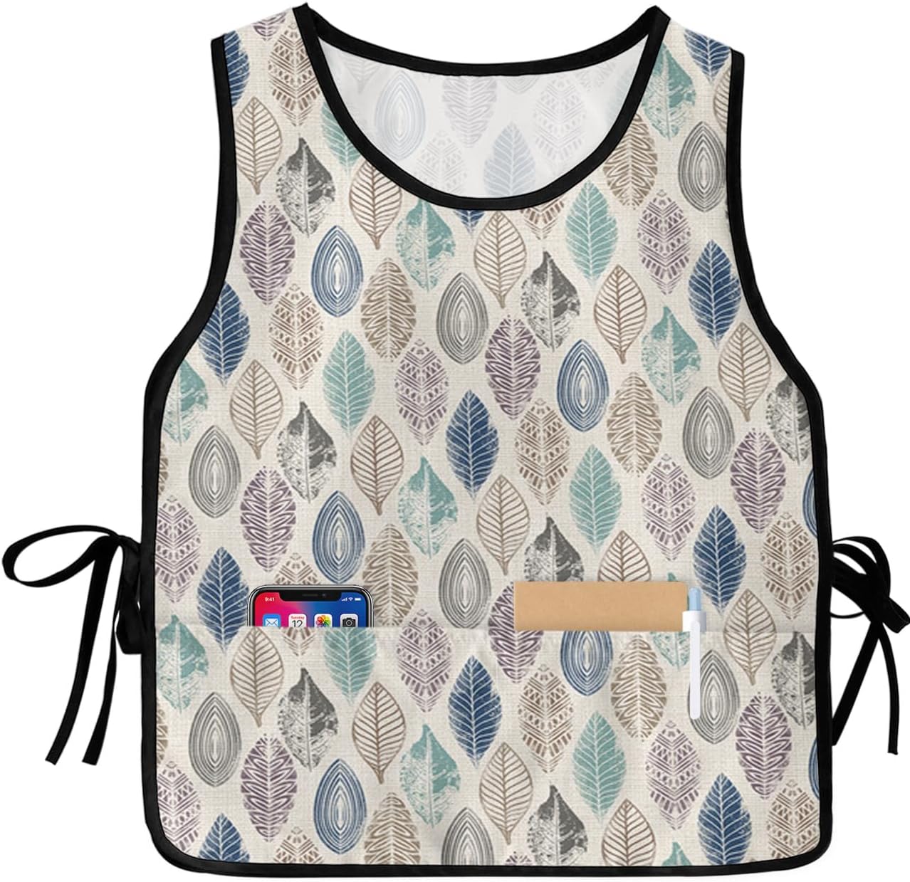 Leaves Cobbler Aprons with 2 Pockets for Women Men, Vintage Geometric Blue Khaki Teal Purple Leaf
