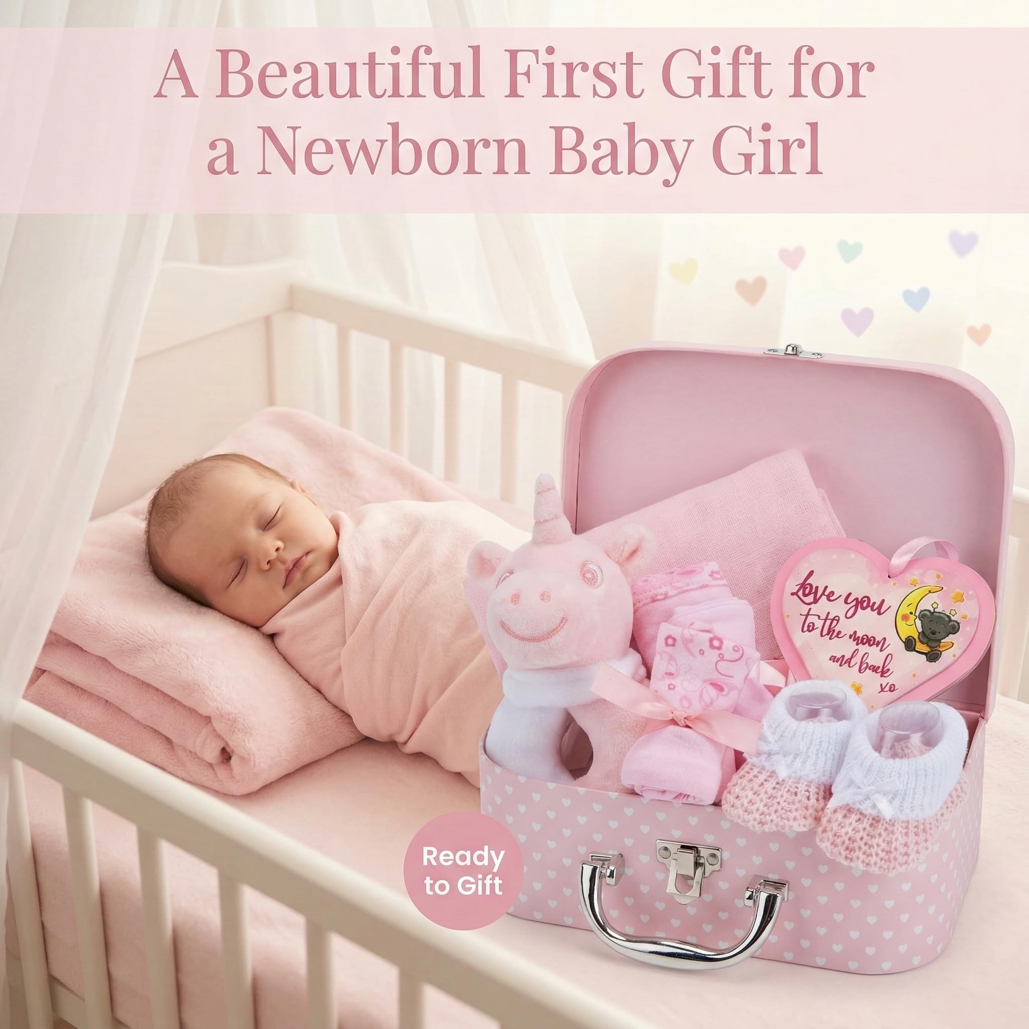 Baby Box Shop Baby Girl Gift Set Newborn Essentials in a Keepsake Box - All-in-One Ready-to-Gift Baby Shower Gift for Girls with Rattle Bib Booties Mittens Hat Muslin Cloth - Premium Baby Girl Hamper — view 2
