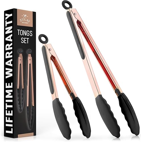 Miniatura 1 de Zulay Kitchen Pinzas de cocina resistentes al calor para barbacoa, acero inoxidable (9 y 12 pulgadas), 2 puntas de silicona antiarañazos, pinzas