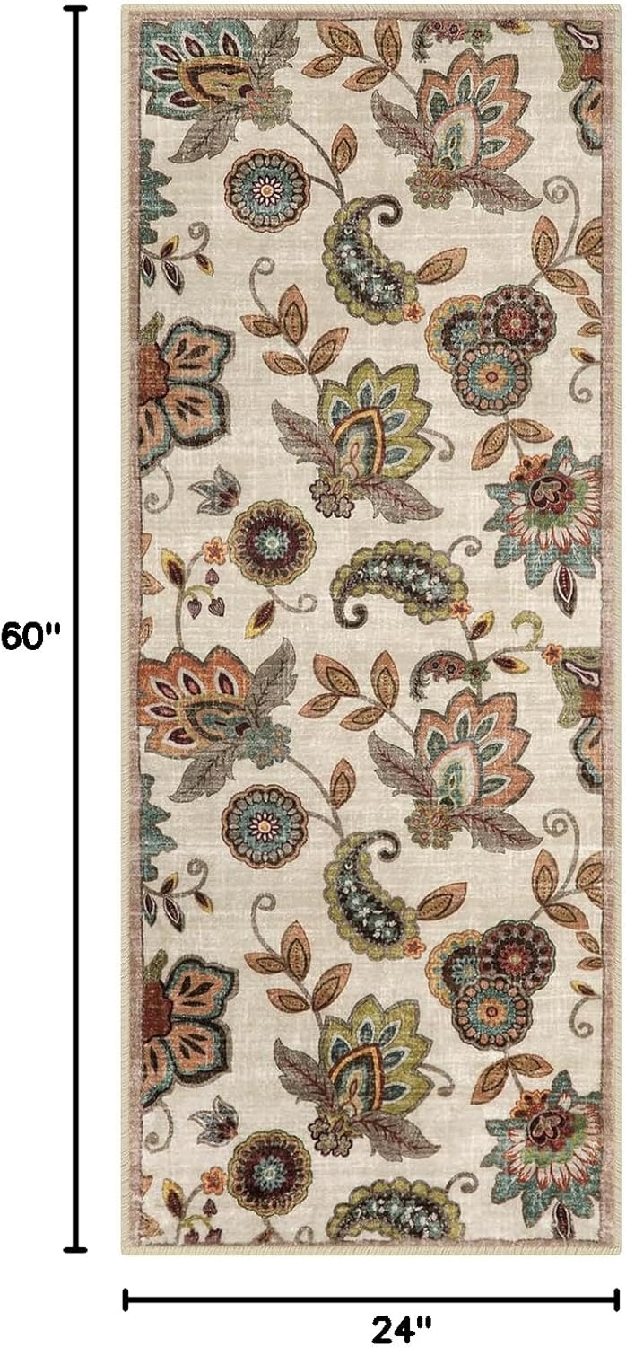 Morebes Floral Kitchen Rugs Non Slip,2x5 Rug Runner, Washable Paisley Design Entryway Rug, Non Shedding Door Indoor Floor Carpet Runner for Laundry Room Bedroom Bathroom,Beige Ivory