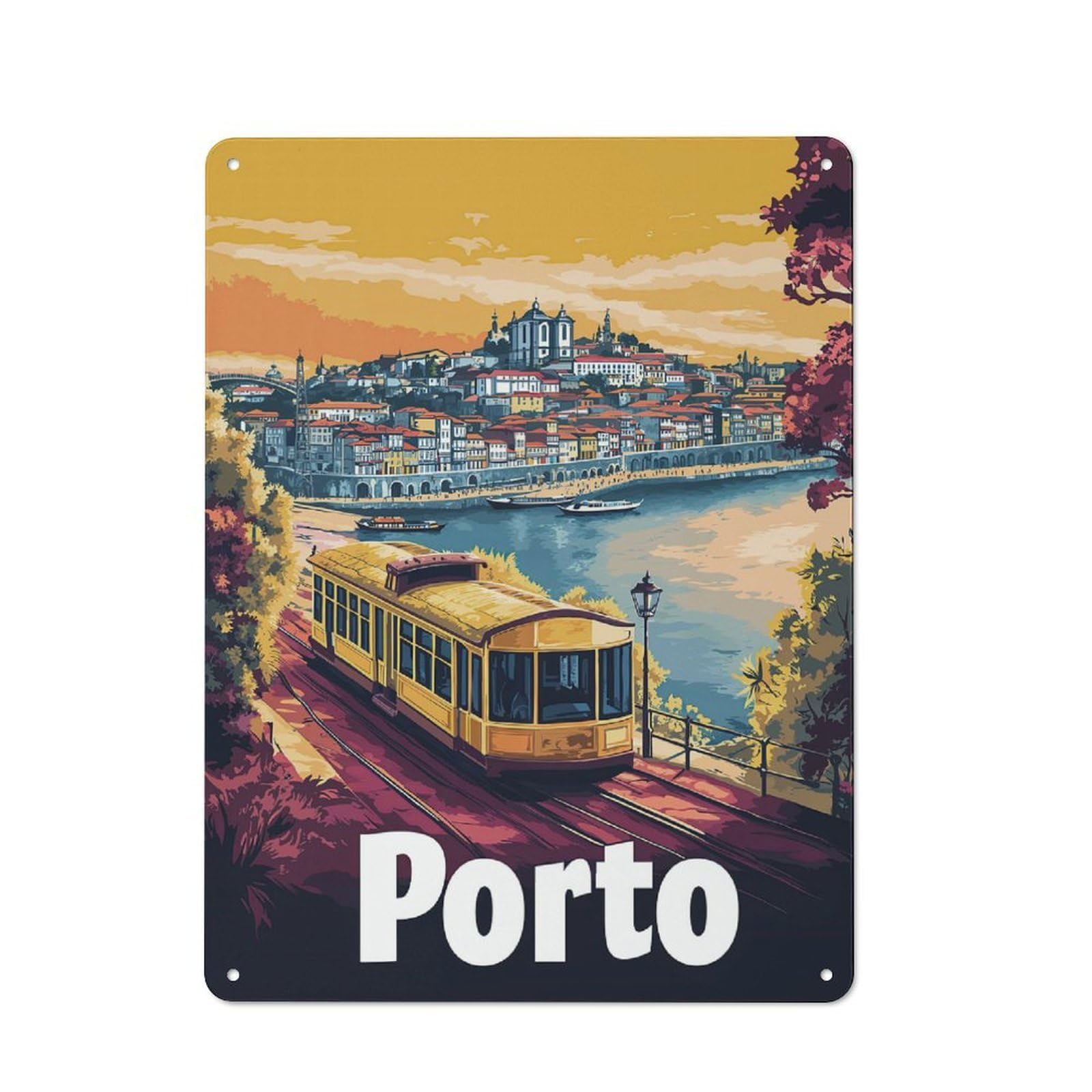 Porto Cityscape with Tram Tin Sign 40x30cm, Rustic Home Bar Decor for Cafe, Pub, Workshop Or Home Bar, for Casual British Interiors