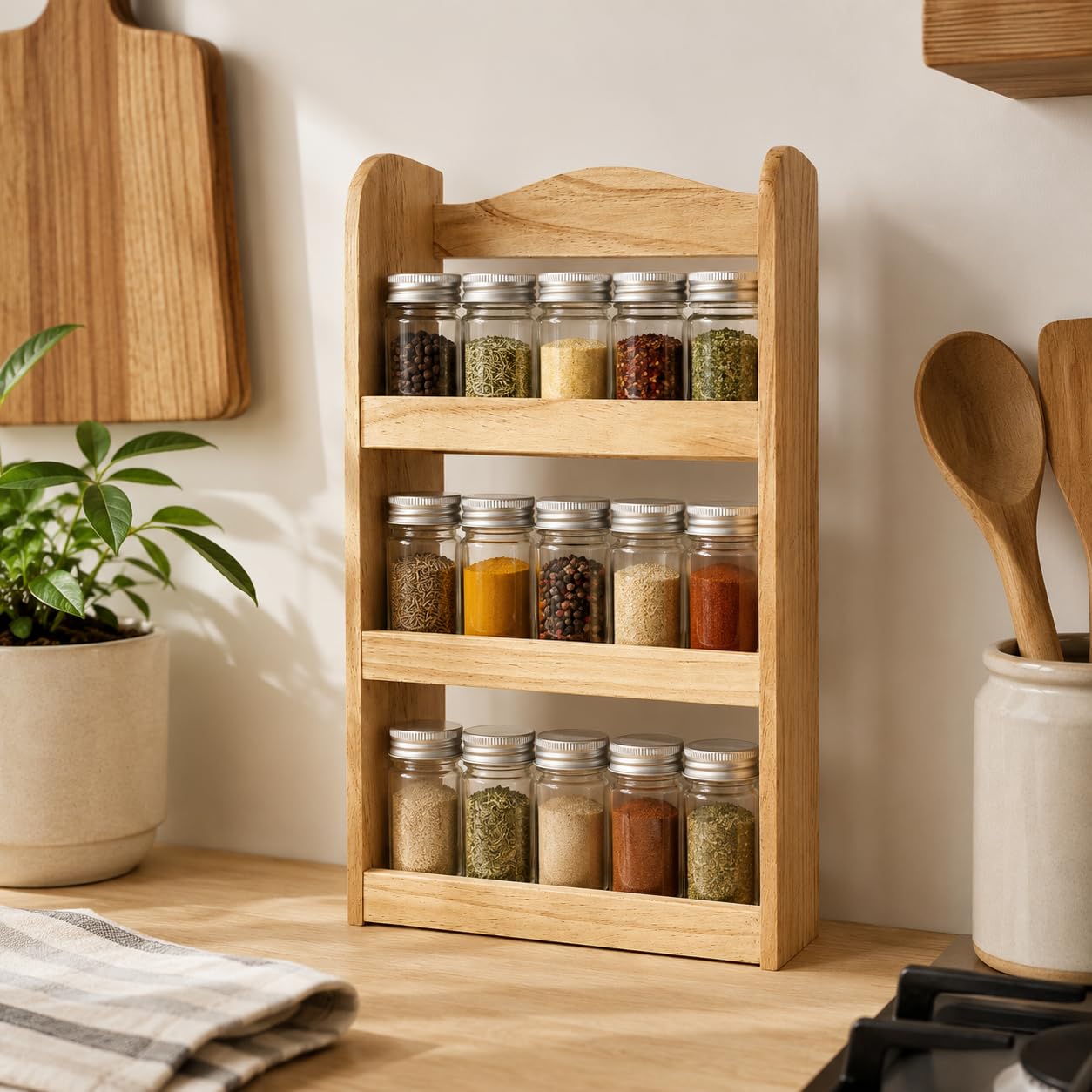 Marco Paul Traditional Free Standing Wooden Herb and Spice Rack, 15 Jar Kitchen Storage and Organiser Pantry Storage Rack for Herbs and Spice, Ideal to Store Herbs, Spices & Seasonings Spice Organiser