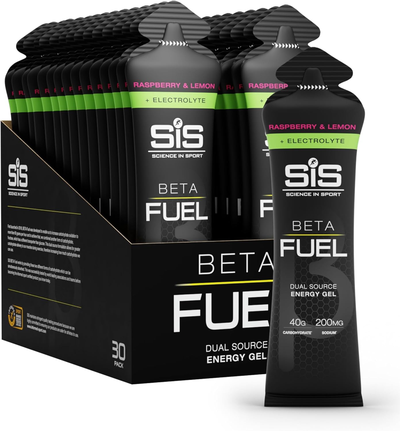 Science in Sport BETA Fuel + Electrolyte Gels - Electrolyte Energy Gel - Optimal 1:0.8 Ratio Maltodextrin & Fructose - 40g Carbohydrates & 200mg Sodium - Raspberry & Lemon Flavor - 30 Count