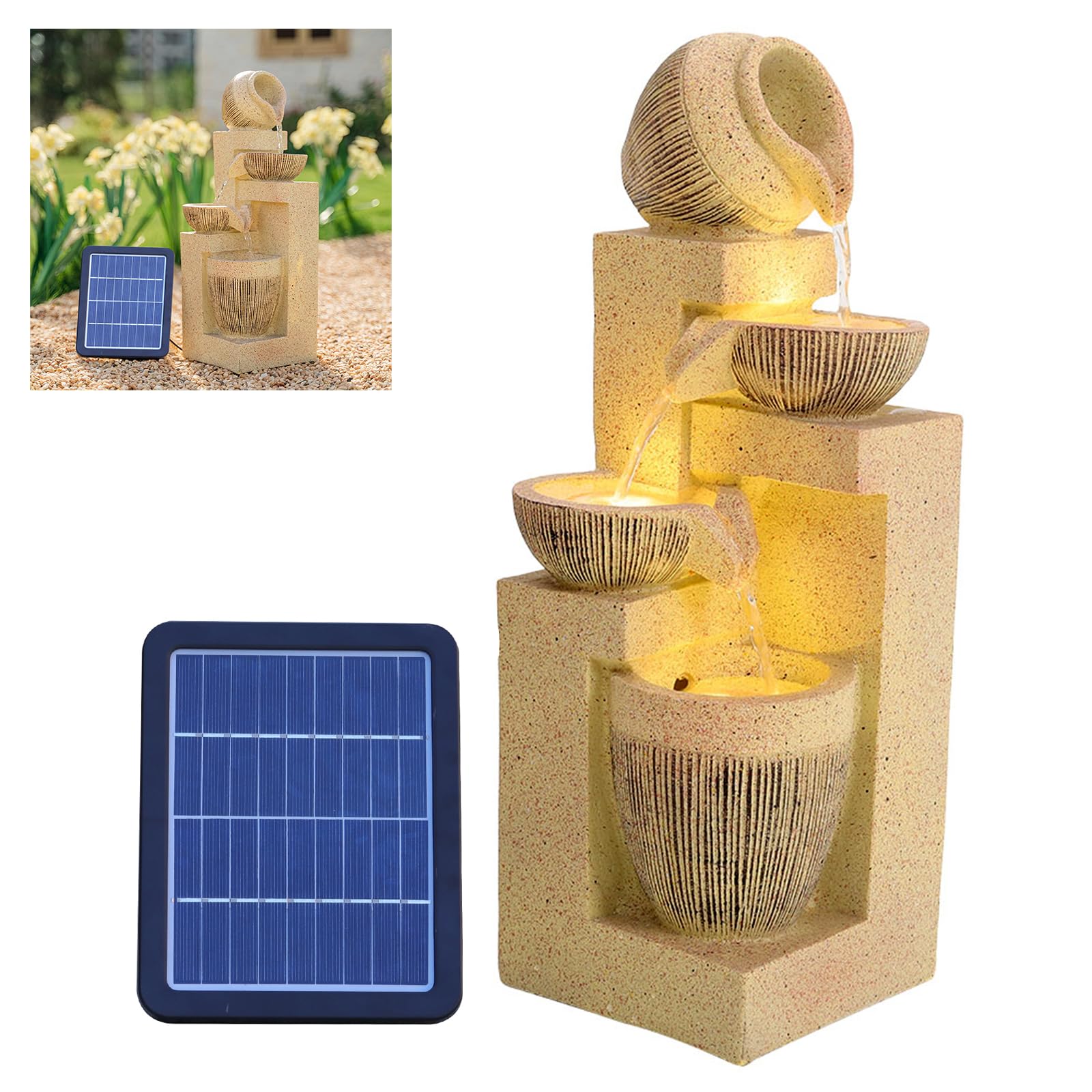 BTGGG Solar Water Feature - Outdoor Garden Water Fountain with Lights & Solar Waterfall Decoration - 4 Tier Cascading Fountain, Yellow