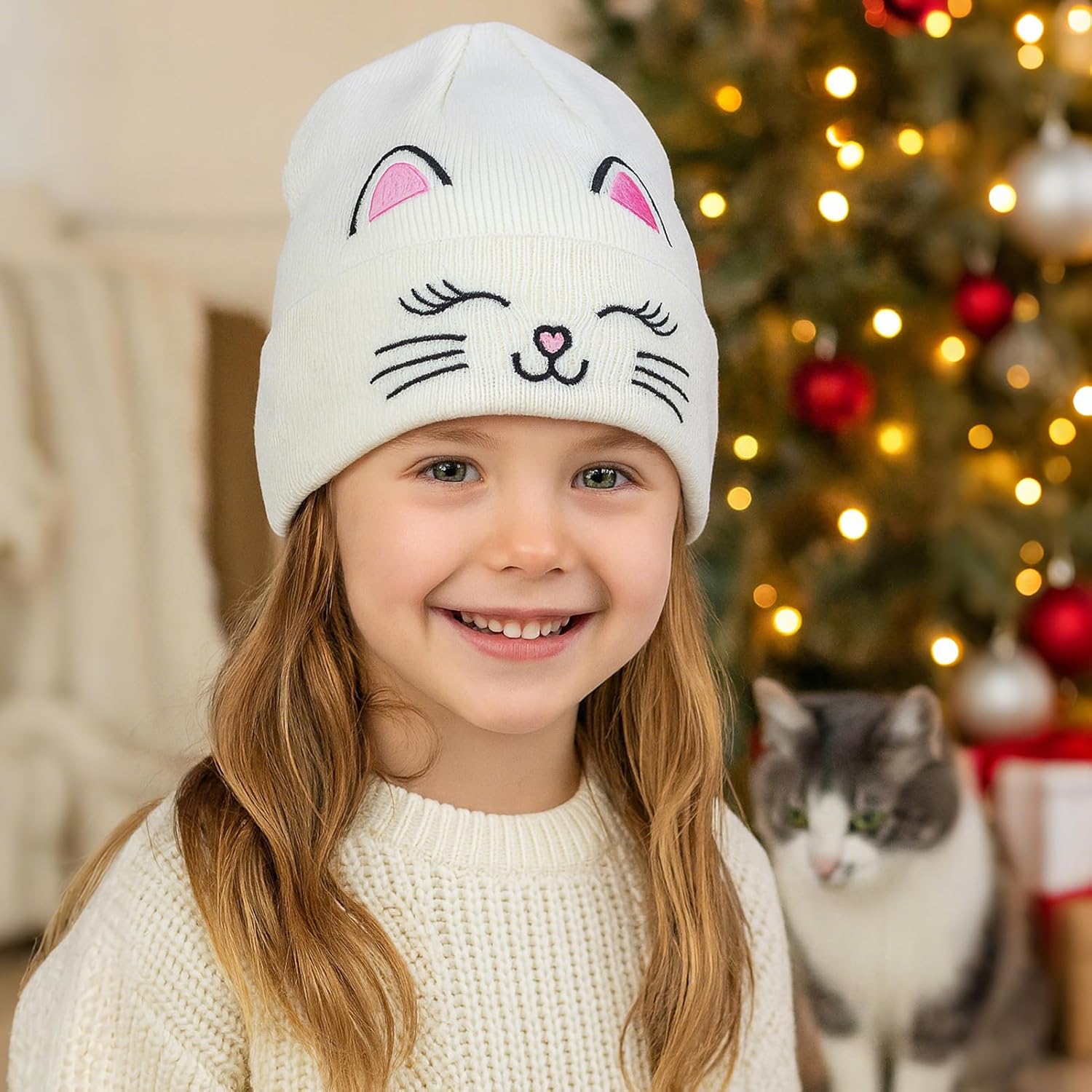 Kids Gils Cat Beanies Cute Embroidery Hats Winter Knitted Hat Unisex Skull Cuffed Skiing Caps Hats 7-12 Years - Image 5