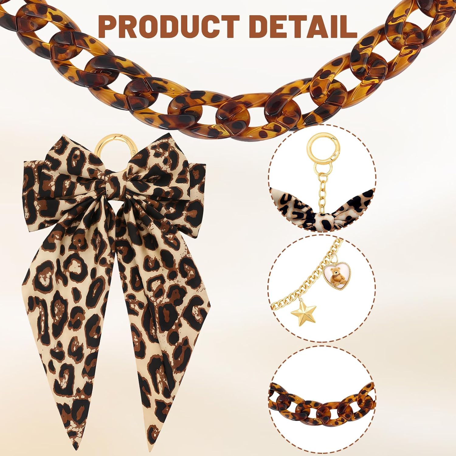 Zkptops 5PCS Tote Bag Decoration Kit Pearl Purse Chain Cute Bow Bag Charms Strap Extender Chain Keychain Charm Accessories for Women Compatible with YETI Camino Bogg Beach Handbag Wallet(Leopard)