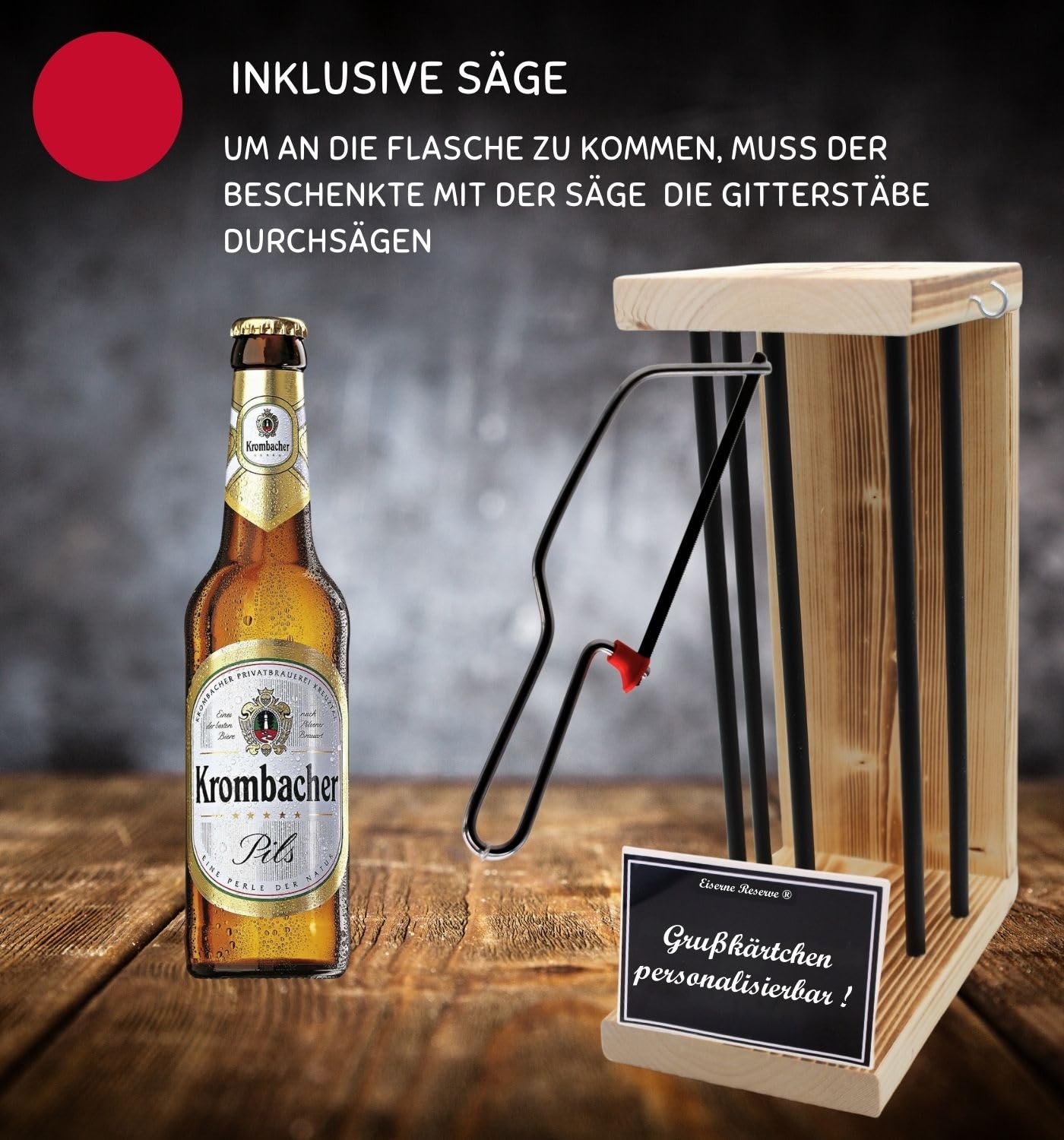 Personalisierte Geschenke für Männer Frauen Geschenkidee - Eiserne Reserve Black Edition Krombacher Pils Bier (1 x 0.5 l) incl. Notsäge - Papa Mama Geburtstag Hochzeit
