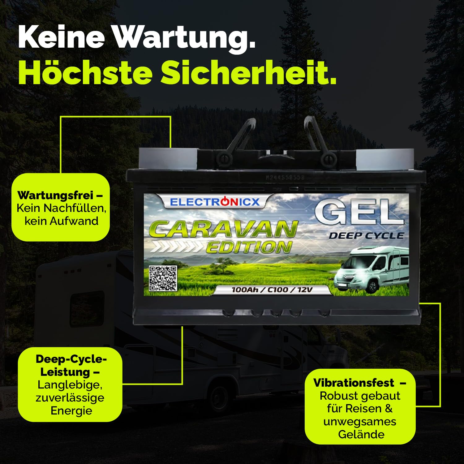 Electronicx GEL Caravan Versorgungsbatterie 100Ah 12V – Deep Cycle Wohnmobil Batterie 100 Ah – Solar 12 Volt GEL – Batterie Wohnwagen Boot Freizeit 278×175×190mm – Pluspol rechts