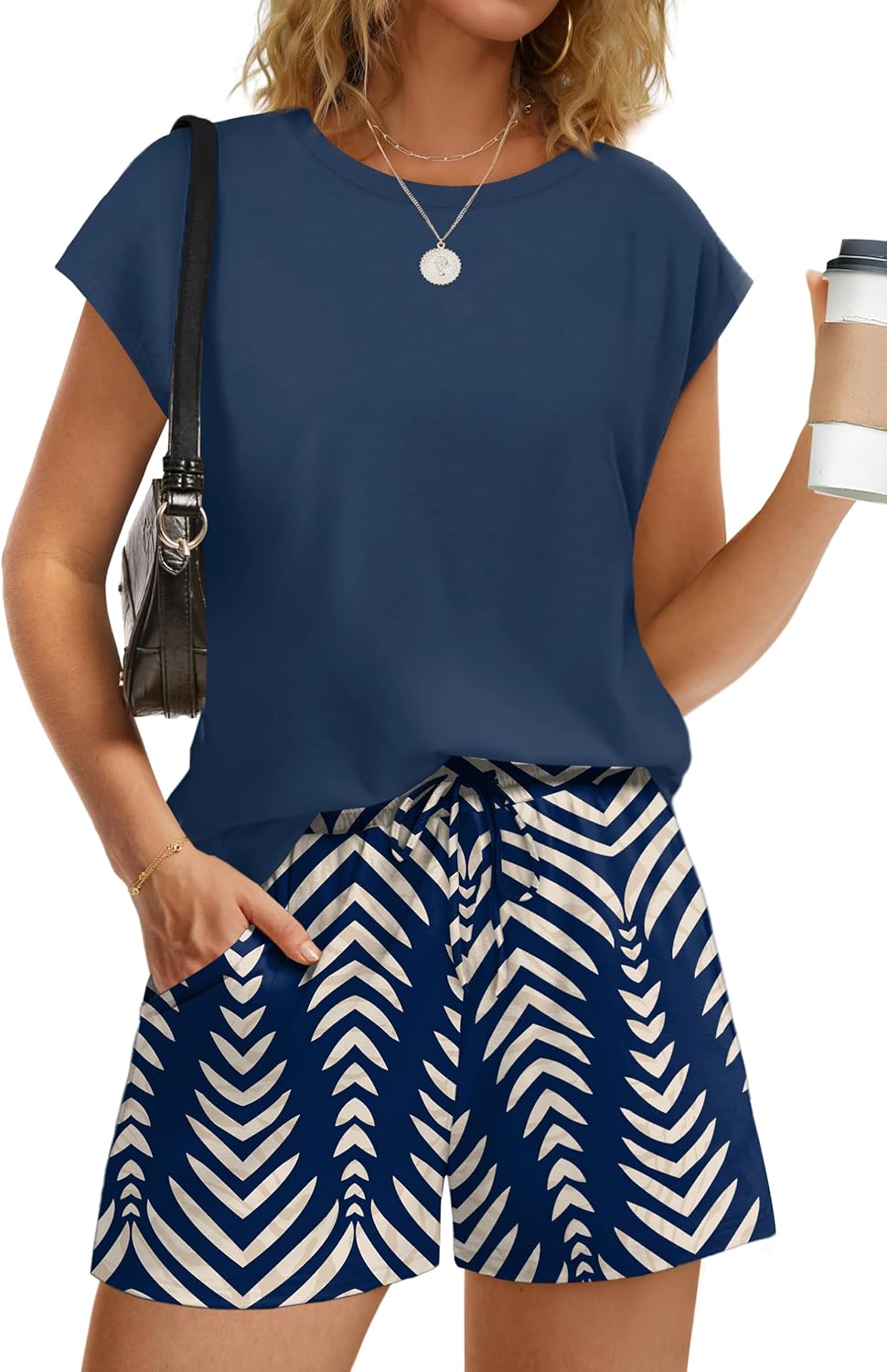 WIHOLL Two Piece Sets for Women Summer Crew Neck Lounge Short Sets Cap Sleeve Drawstring Sweatsuit with Pocket