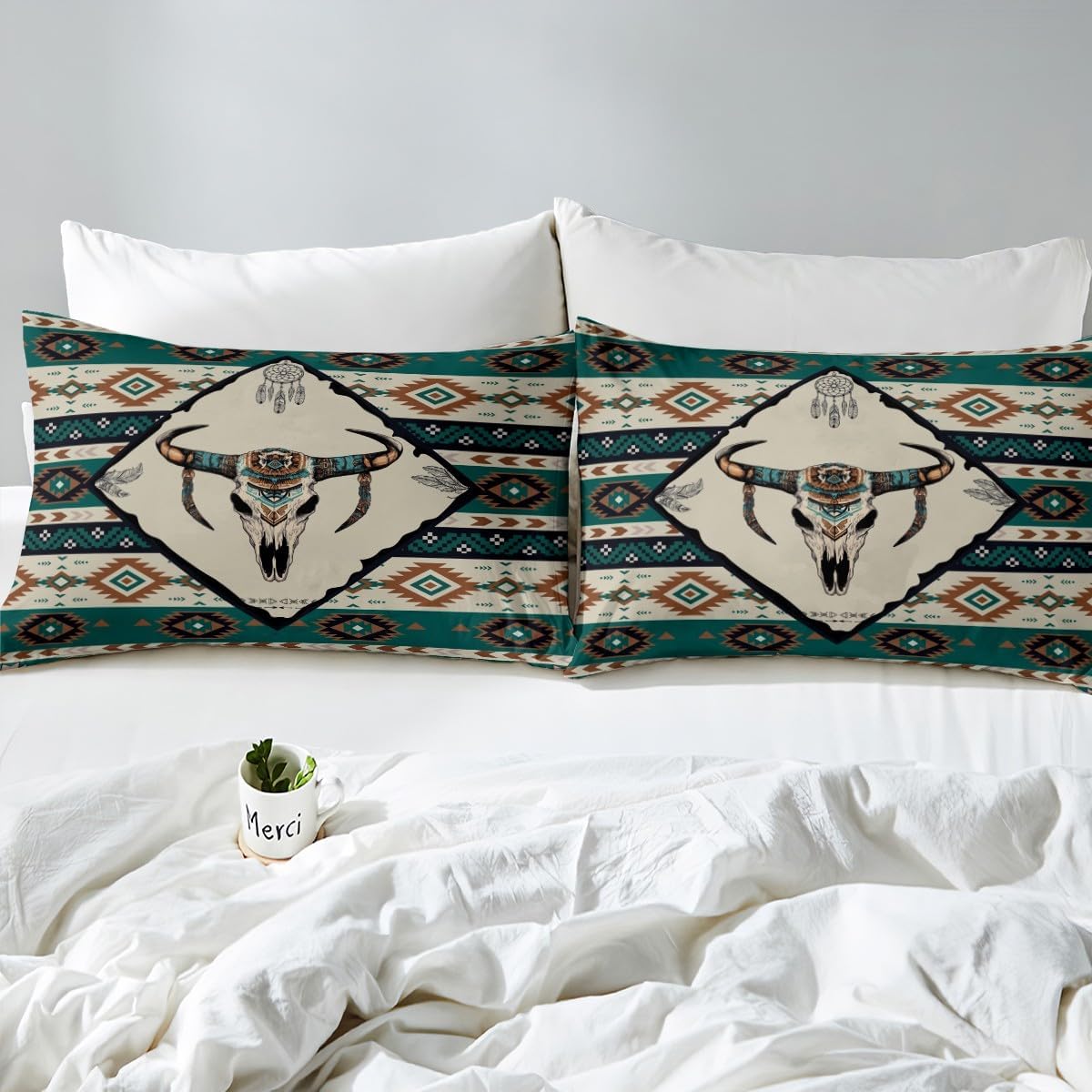 Erosebridal Bohemia Bull Skull Bed Sheets Set Queen,Southwest Aztec Sheet Set for Man Woman Adult,Hunting Animal Sheets Soft,Western Style Rustic Flat Fitted Sheet with 2 Pillow Shams Deep Pockets