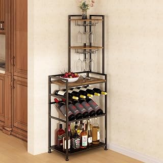 Wisdom Star Corner Wine Rack Freestanding Floor, 6 Tier Wine Bottle Holder with Wine Glass Holder Rack for Bar, Wine Bottle Rack for Living Room, Wine Storage Bar Cabinet for Liquor and Glasses