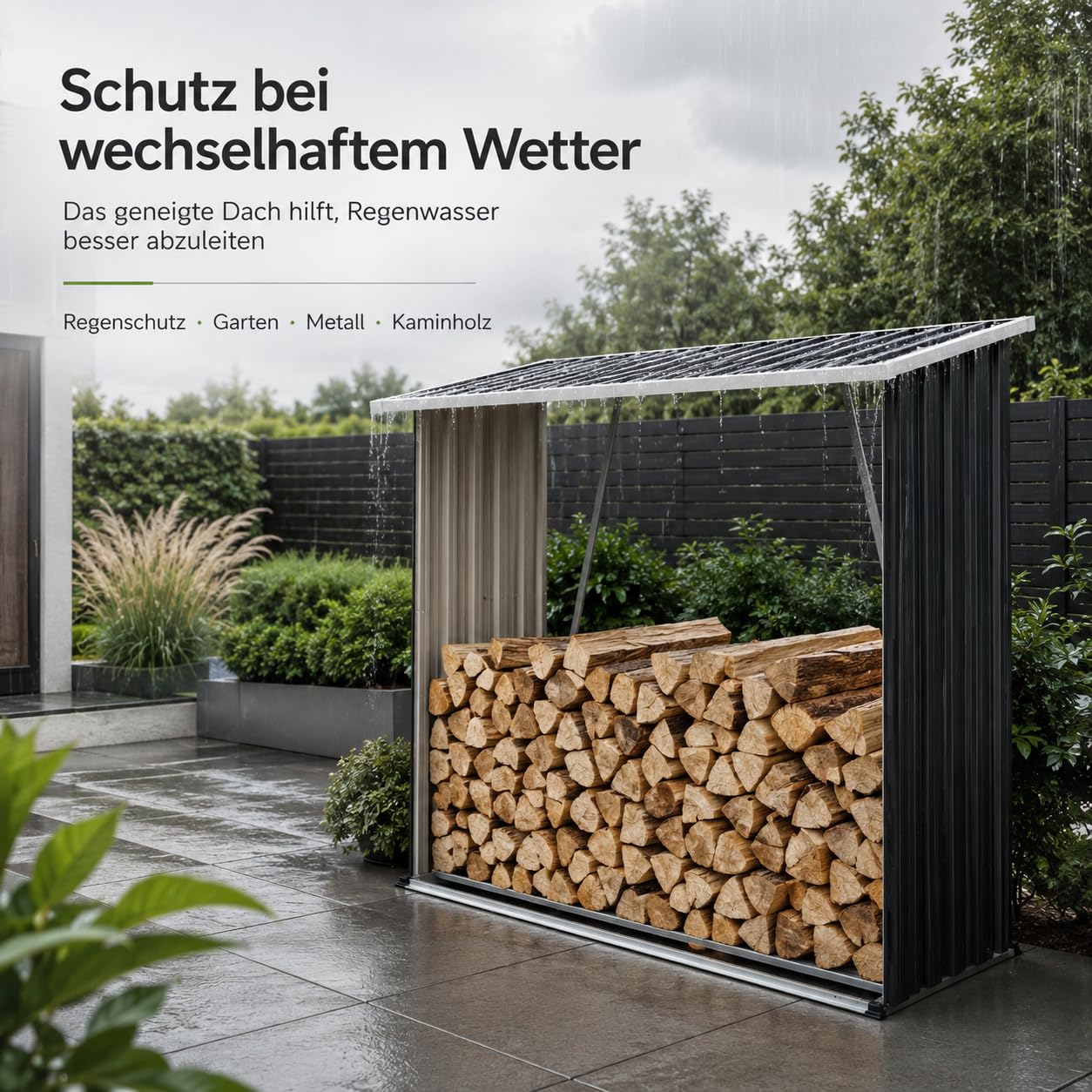 Brennholzunterstand Metall, wettergeeignetes Kaminholzregal mit Dach, erhöhtem Boden und offener Belüftung, Holzlager für Außenbereich