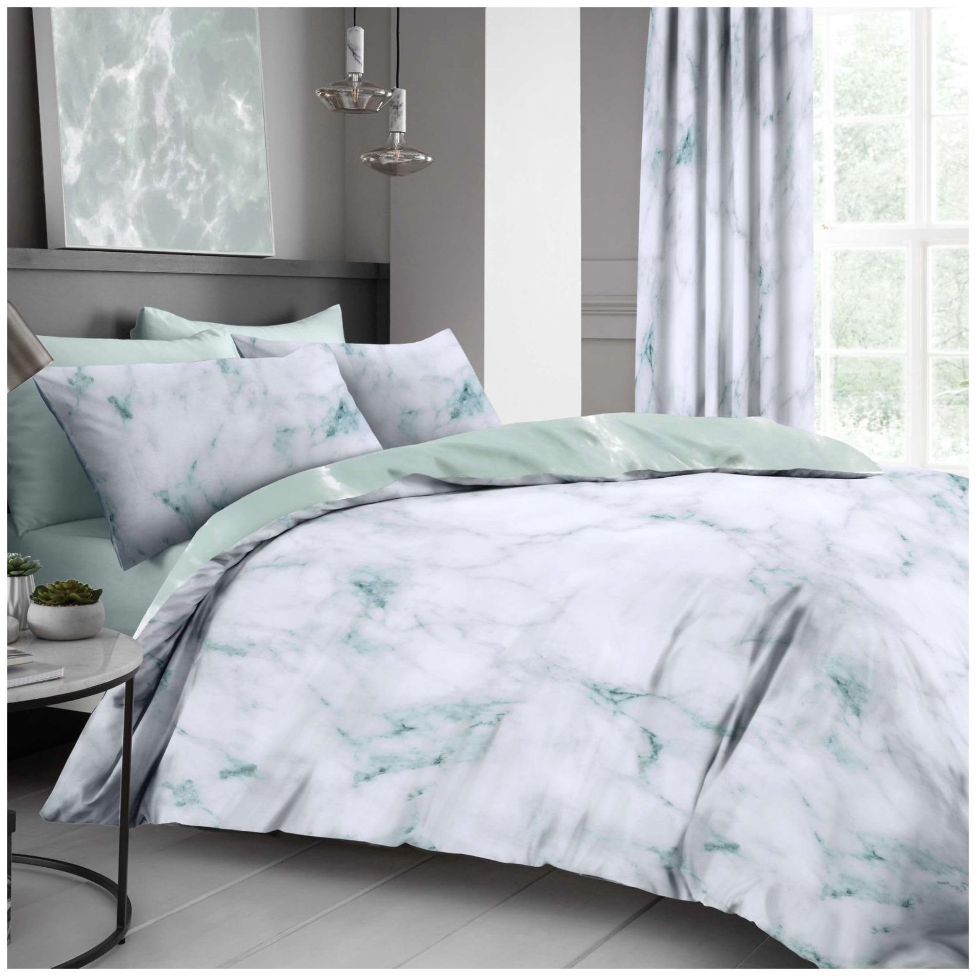 VELVETIO Marble Duvet Cover Set with Matching Pillow Cases, 3 Pcs Poly Cotton Reversible Quilt Covers Bedset, Soft & Cosy Printed Bedding Coverlet, King Size, Duck Egg