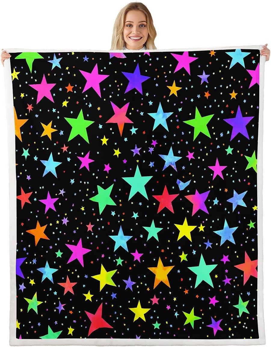 Kawaii Glitter Stars Throw Blanket for Bed Rainbow Glowing Star Fleece Blanket Psychedelic Space Cosmos Travel Blanket Queen Size Colorful Neon Light Star Blanket Girls Cute Fuzzy Blanket Cozy