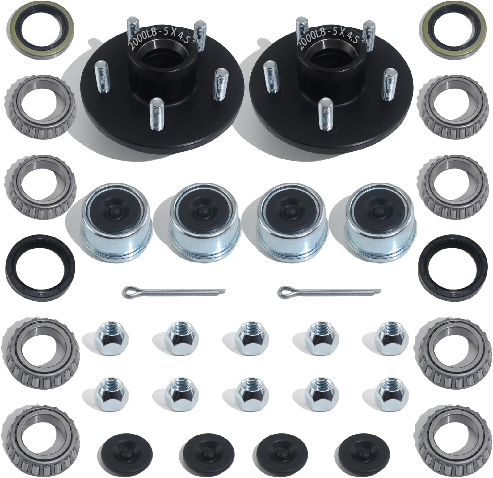 2 Sets Trailer Hub Kit 5 Bolt 4.5, Trailer Axle Kit for 2000 lb 5 Lug Trailer Hub Fits 1" and 1-1/16" Spindle with Extra Dust Cap and Rubber Plug