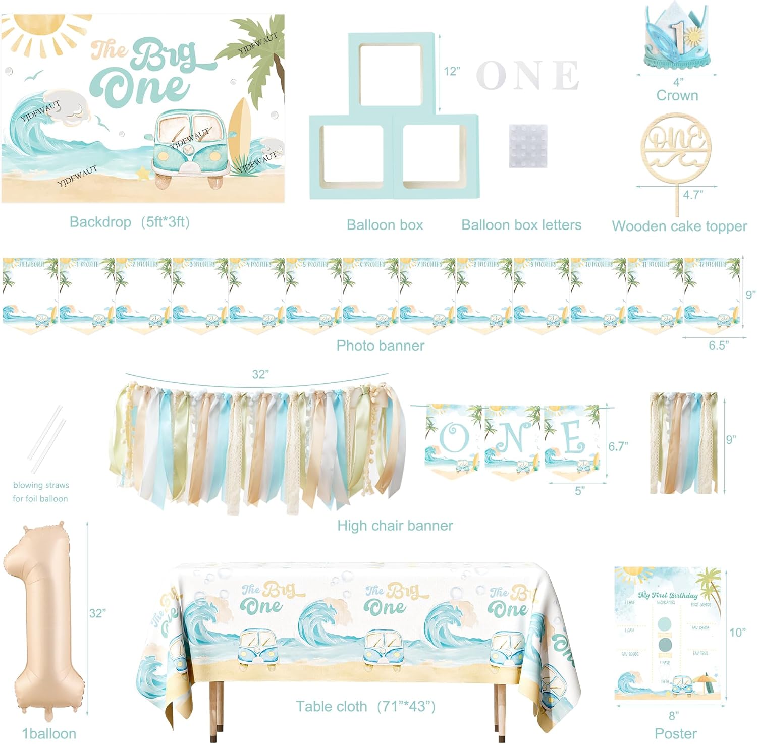 YJDFWAUT The Big One First Birthday Decorations, Surf 1st Birthday Party Supplies, Boy 1st-Wave First Bday Décor, Retro Sand Summer Beach Surfs Up Pool Fishing First Bday