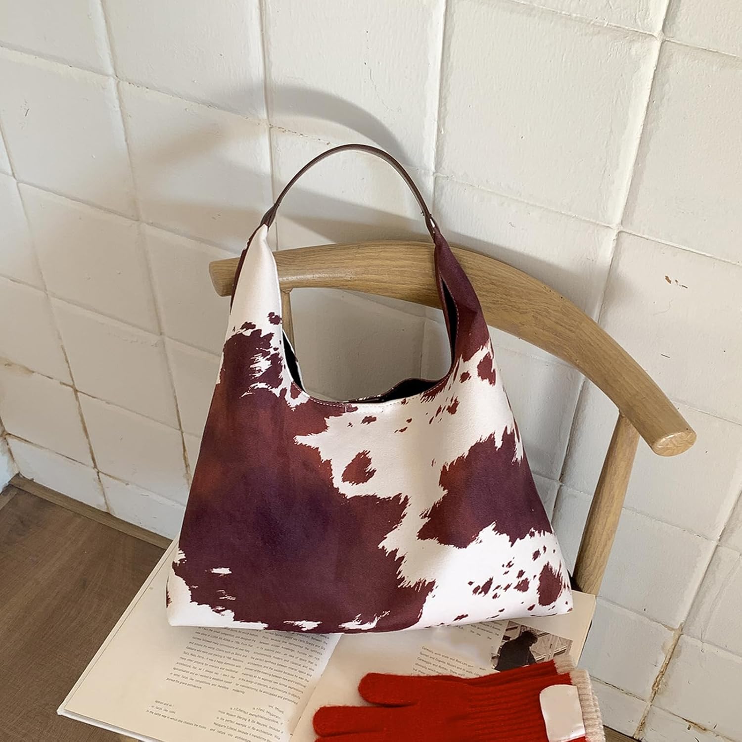 Cow-Print Shoulder Bag for Women, Large Capacity Underarm Top handle Purse, Slouchy Hobo Bag for Commute Shopping