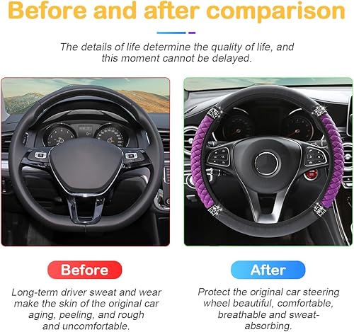 Miniatura 56 de Funda brillante para volante de automóvil, 15 pulgadas, con diamantes de imitación brillantes, piel suave, protector elástico, para mujeres, niñas