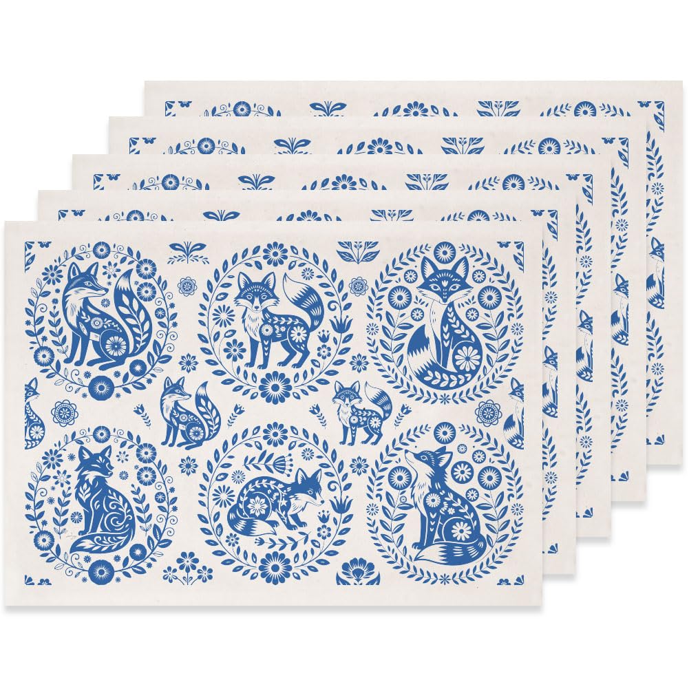SUPERDANT 5PCS Fox Disk Underglaze Transfers for Pottery Blue 52x37cm