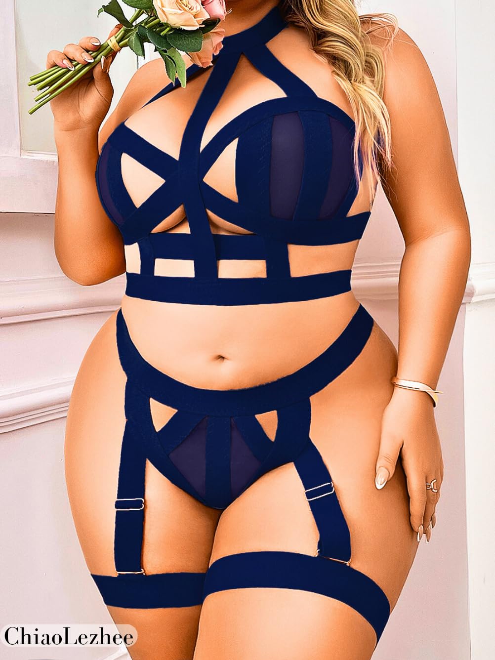 ChiaoLezhee Curvy Lady's Strappy Lingerie For Women, Plus Size Exotic Garter Thong, BBW Halter Gifts For Him 3 Piece Set: Dark Blue 18 Plus