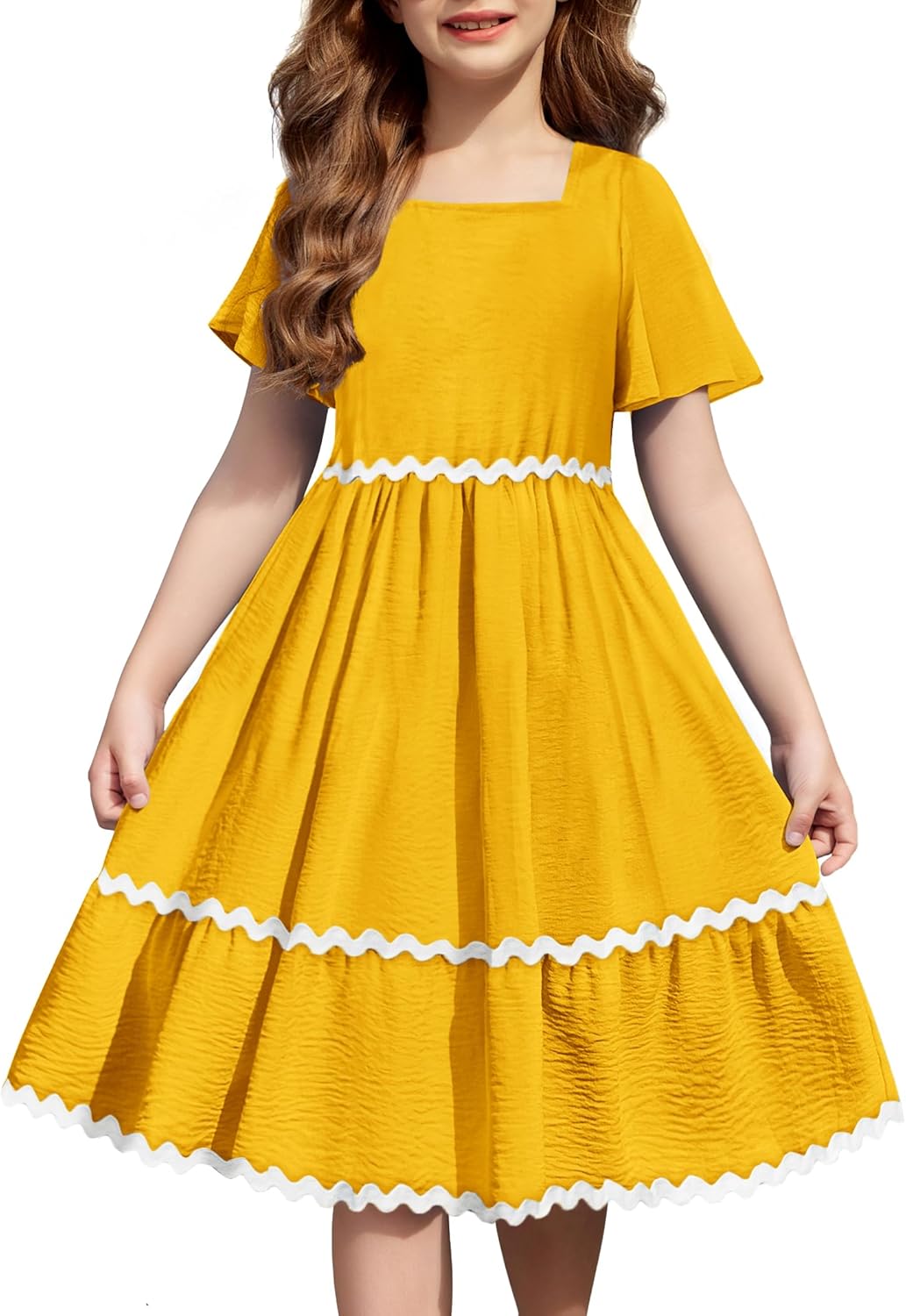 Arshiner Girls Summer Dress Flutter RIC Rac Tiered Short Sleeve Square Neck Casual Midi Dresses with Pockets