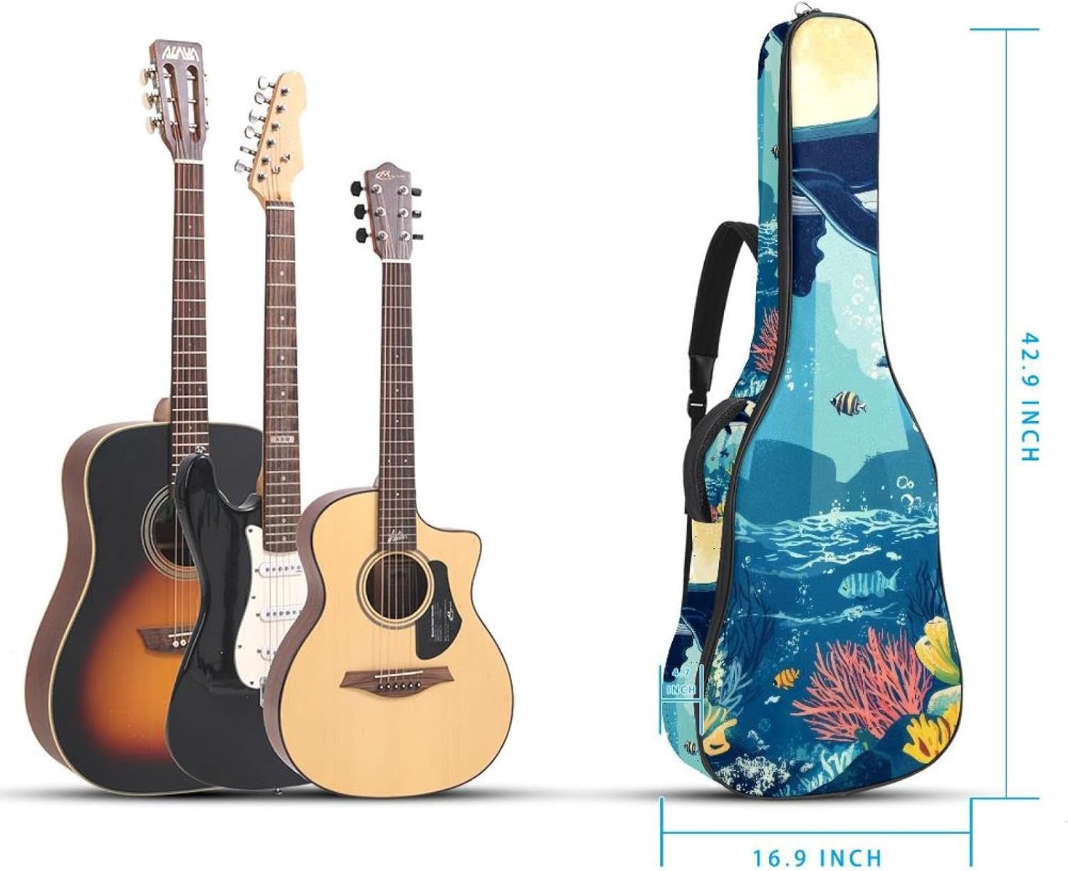 Acoustic Guitar Gig Bag 10mm Thick Padding, Soft Waterproof Guitar Case with Adjustable Backpack Straps for 40-42 Inch Guitar, World Ocean Background with Ocean Life