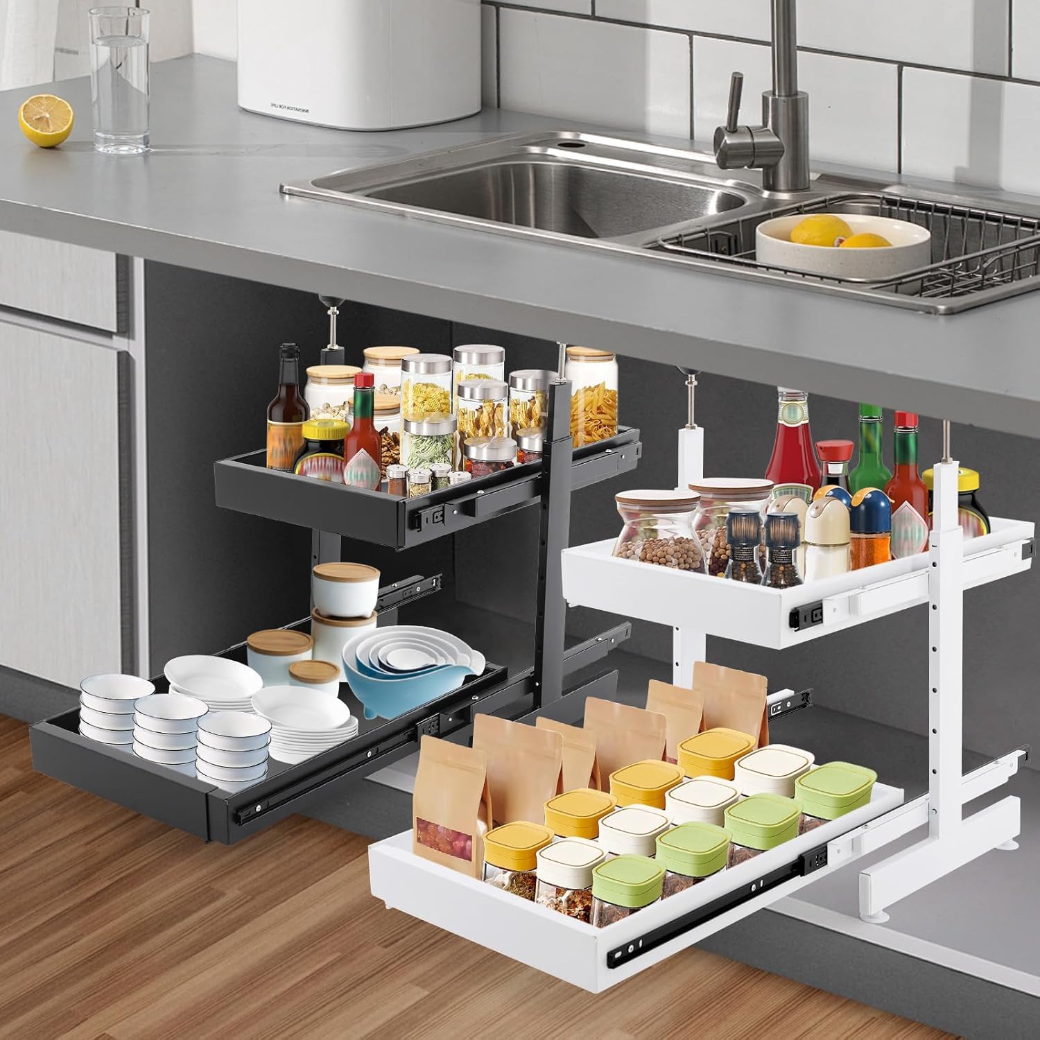 Organizzatore A Cassetti Estraibili A 2 Livelli Espandibili - profondità 53 Cm (21 Pollici) - Soluzione di Stoccaggio per Mobili da Cucina, Dispensa, Bagno E Scaffali di Casa.