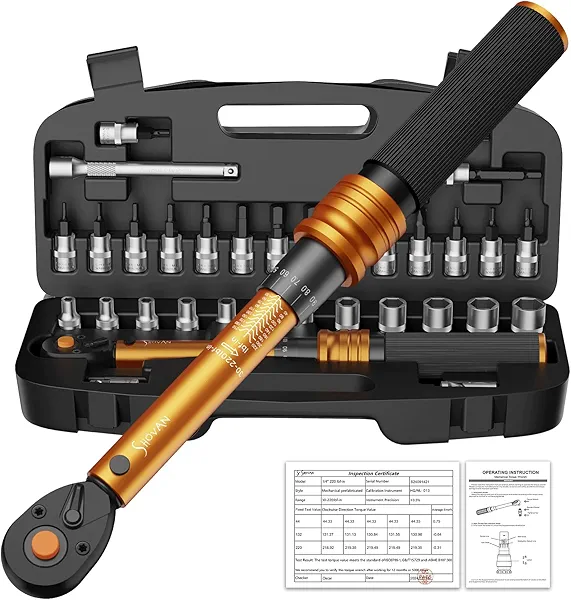Small Torque Wrench Set 33PCS | 1/4" Drive 72-Tooth Click Type | Dual Scale 30-220 in-lb (3.3-24.7 Nm) | ISO Calibrated for Bicycle, Motorcycle & Carbon Parts | with Hex/Torx Bits, Sockets & Case