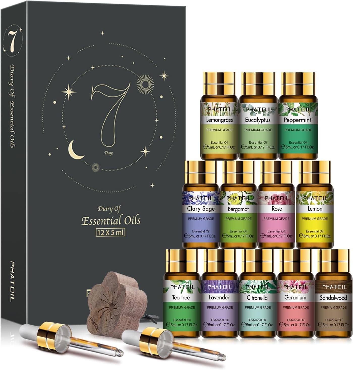 PHATOIL Essential Oil Set, 12x5ml Essential Oils Gift Set with Diffused Wood, 100% Natural Pure Essential Oils for Diffusers DIY Candle Soap Making