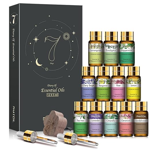 PHATOIL 12PCS Bergamot Essential Oils Set with Diffused Wood and Nice Box, 5ml Essential Oils for Diffusers for Home, Gifts for Families and Friends
