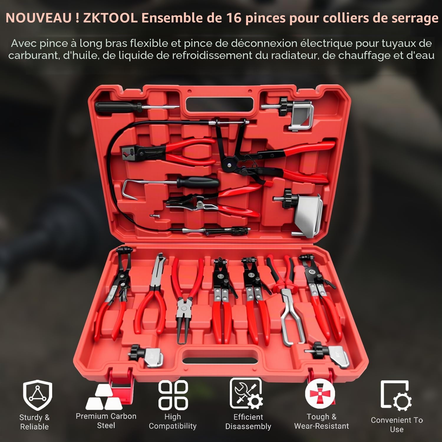 ZKTOOL 16 Pièces à Colliers de Serrage, Outil Flexible de Retrait des Colliers de Serrage, Adapté aux Connecteurs de Bornes Automobiles, au Remplacement des Tuyaux de Carburant, d'Huile et d'Eau