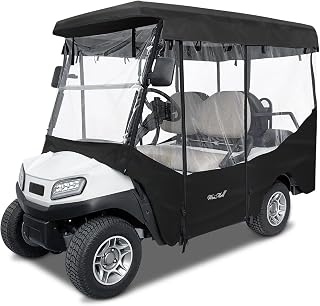 Golf Cart Enclosure 4 Passenger for Club Car Tempo Onward Extended Roof 4-Seater 600D Waterproof Transparent Driving Rain Cover with 4-Sided Clear Windows Mirror Zipper Roll-up Door Black