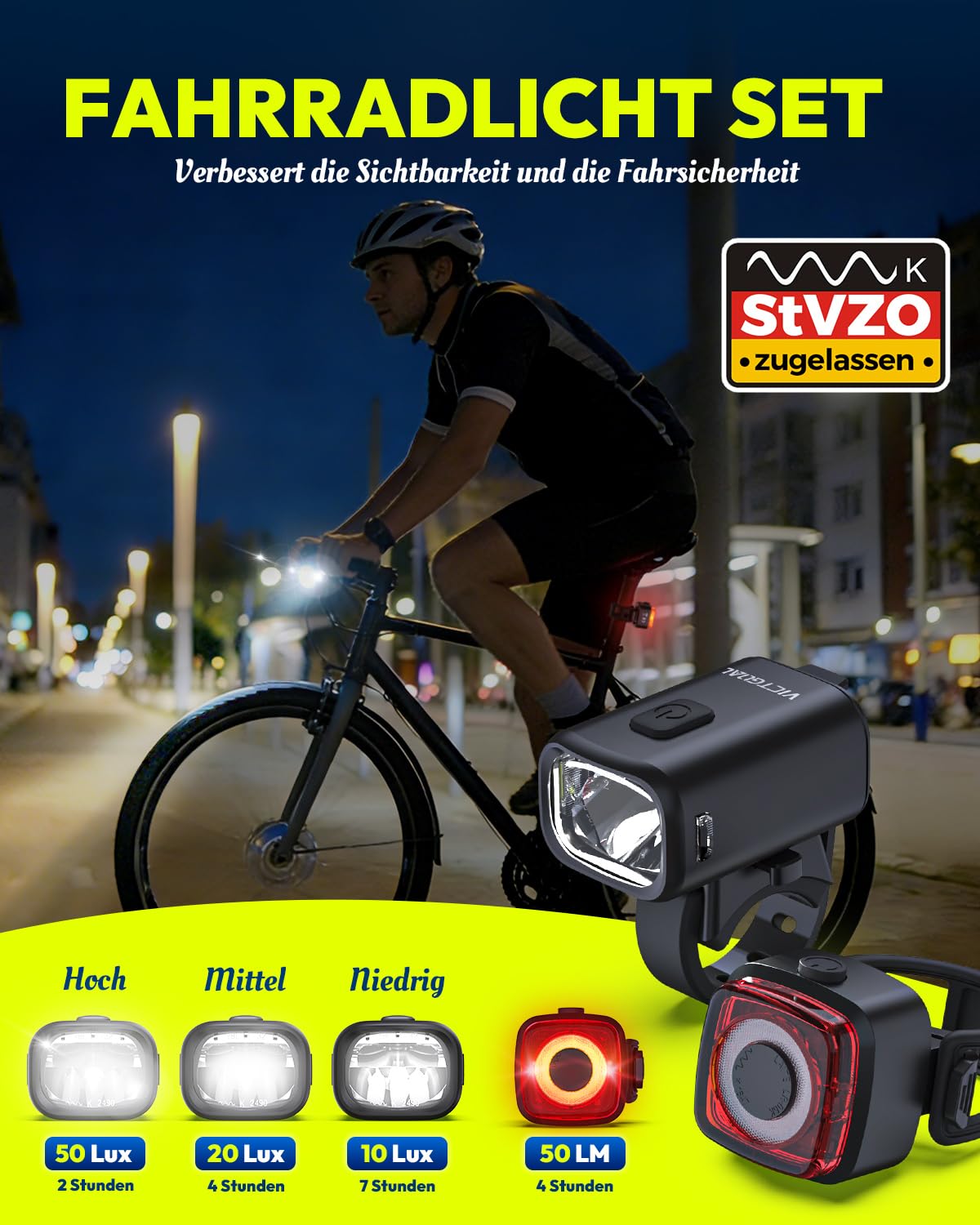 VICTGOAL Fahrradlampe Set StVZO Zugelassen, 50 Lux Fahrrad Lichter LED Set mit IPX5 Wasserdicht, Fahrradbeleuchtung Set Fahrradlicht USB C Aufladbar für Nachtradfahren