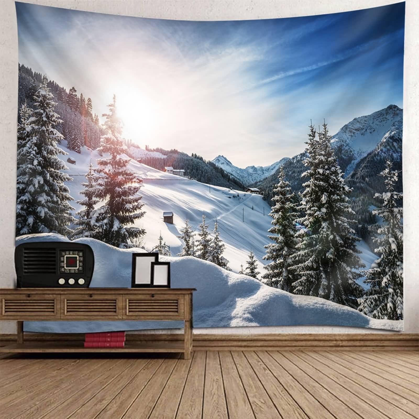 Natur Tapisserie Wandbehang | Polyester Natürlicher Baum Berg Schnee Winterlandschaft Wanddeko für Schlafzimmer Wohnzimmer | Grau Blau Grün, 350x256cm