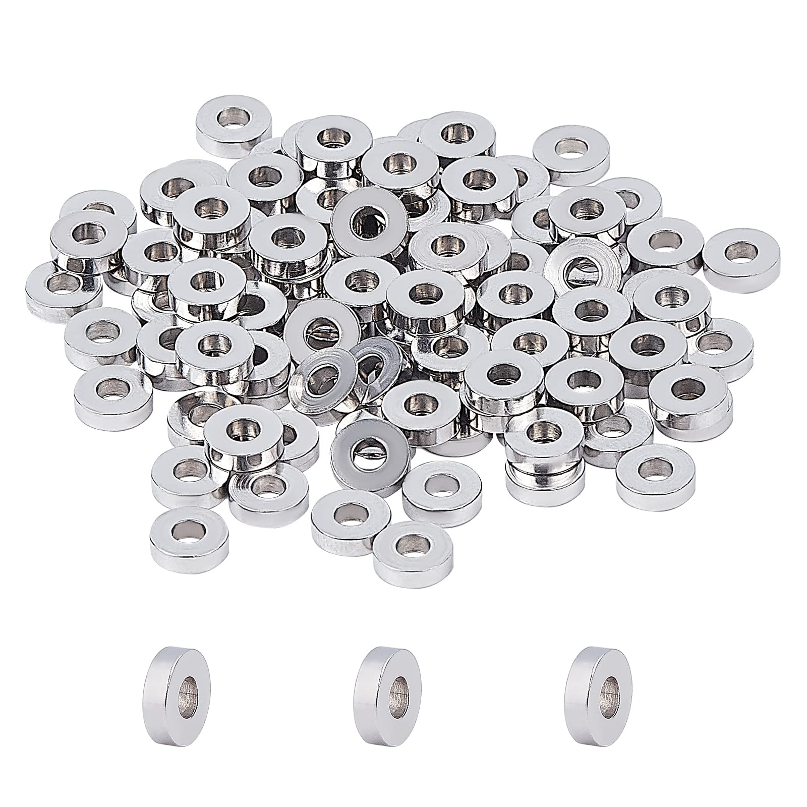 PH PandaHall100Pcs 7mm Flat Round Spacers Bead Stainless Steel Beads Disc Loose Beads 1.2mm Small Hole Metal Bead for DIY Jewelry Making