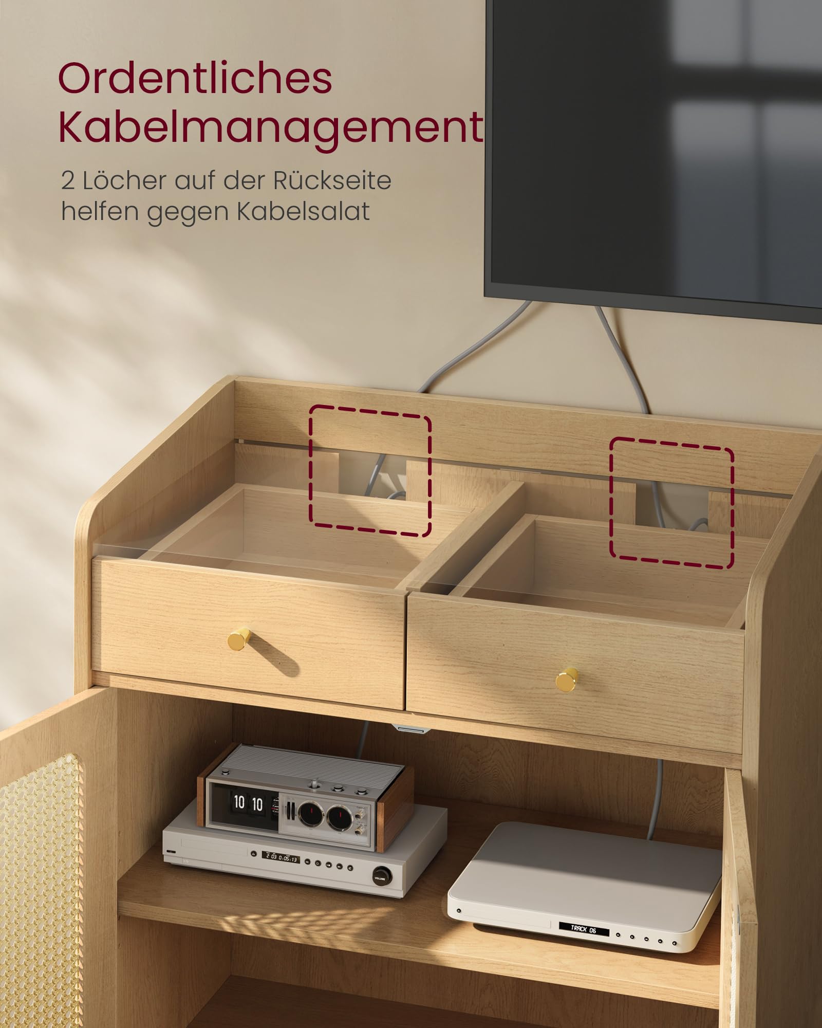 VASAGLE BOHOVEN Kollektion - Sideboard, Küchenschrank mit Türen in Rattan-Optik, Aufbewahrungsschrank mit Schubladen, verstellbare Ablage, Boho-Stil, für Esszimmer, eichenbeige