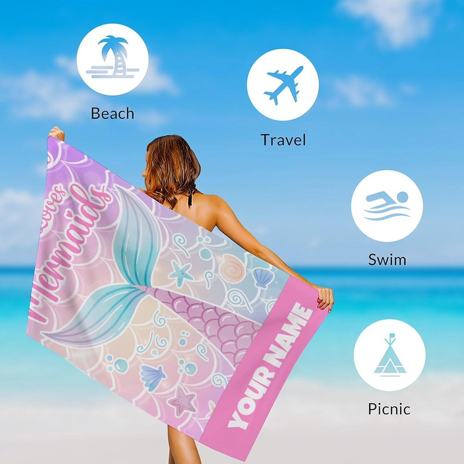 Custom Beach Towels with Names - 40"x70"Oversized Mermaid Beach Towel for Girls - Absorbent Travel Blanket for Bath, Swim & Pool